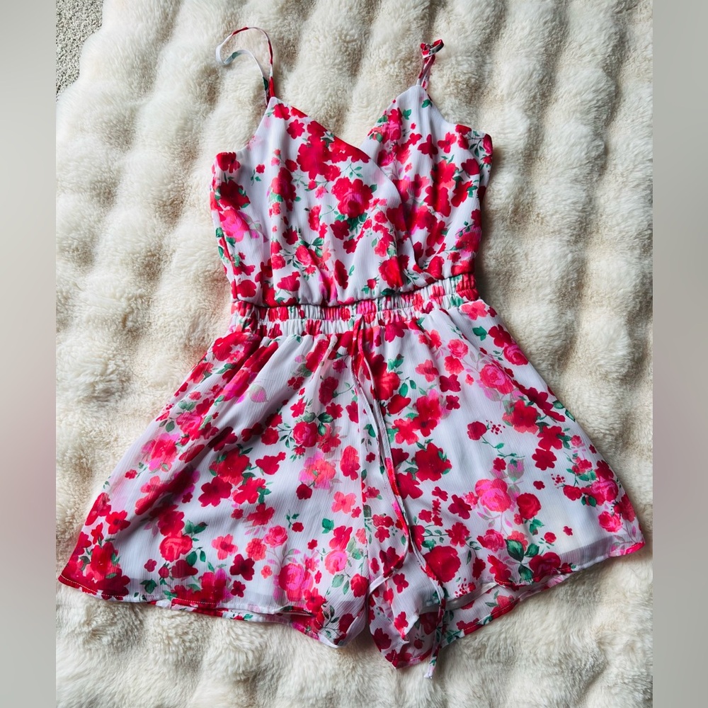 Trixxi White Romper with Pink & Red Floral Print